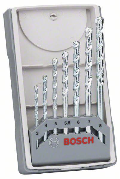 Bosch borsæt med syv boremaskiner af forskellige størrelser i en grå æske, mærket med numre fra 3 til 8.