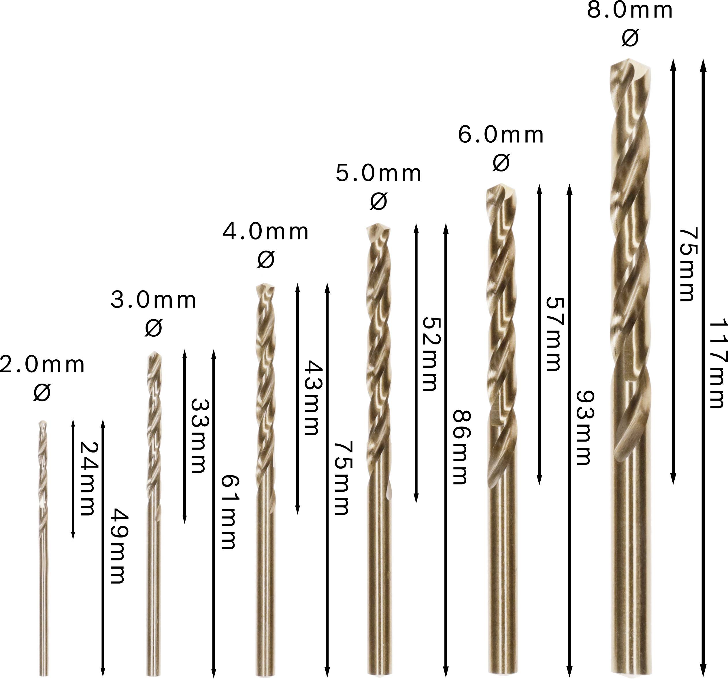 Borerstørrelsessammenligning: 2,0 mm til 8,0 mm diameter, længder fra 24 mm til 117 mm, arrangeret efter stigende størrelse fra venstre til højre.