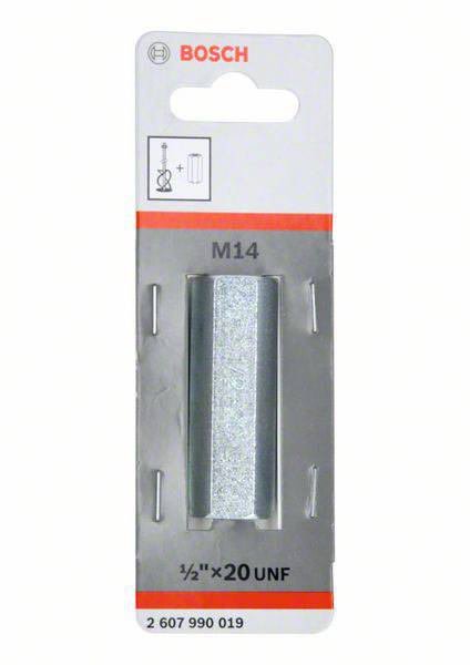 Emballage til en Bosch-adapter M14, bruges til forbindelse mellem værktøjer. Indeholder illustration og vejledningsmærkning til brug.