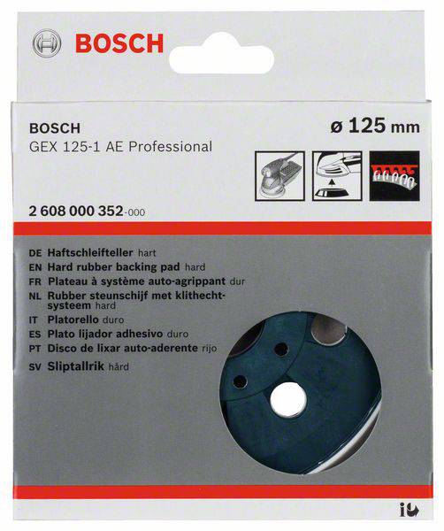 Emballage til en Bosch-slibeskive med 125 mm diameter. Indeholder modeloplysninger og flersprogede produktbeskrivelser.
