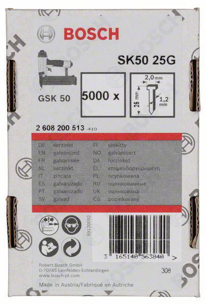 Pakning af Bosch SK50 25G søm, 5000 stykker, 2,0 mm tykkelse, 50 mm længde. Flersproget etikettering for 'galvaniseret'.