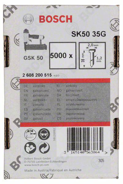 'Bosch SK50 35G' karton til søm, model GSK 50. Indhold: 5000 søm, dimensioner 35 mm længde, 2 mm hoveddiameter og 1,2 mm skaftdiameter.