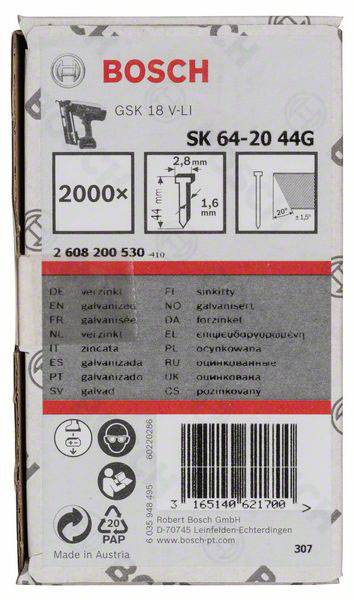 En Bosch-emballage med 2000 søm, model SK 64-20 44G, længde 2,8 mm. Fremstillet i Østrig. Indeholder detaljer om kompatibilitet.