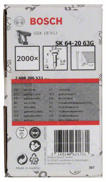 Emballage til Bosch gasnagler, model: GSK 18 V-LI. Indeholder 2000 søm. Sømlængde: 2,8 mm, længde: 63 mm. Fremstillet i Østrig.