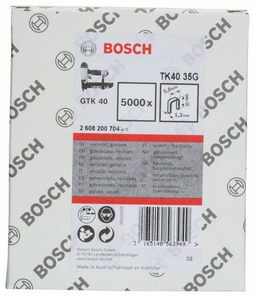 Bosch-emballage til søm: Produktnummer GTK 40, antal 5000 styk. Oplysninger på flere sprog, illustreret sømlængde.