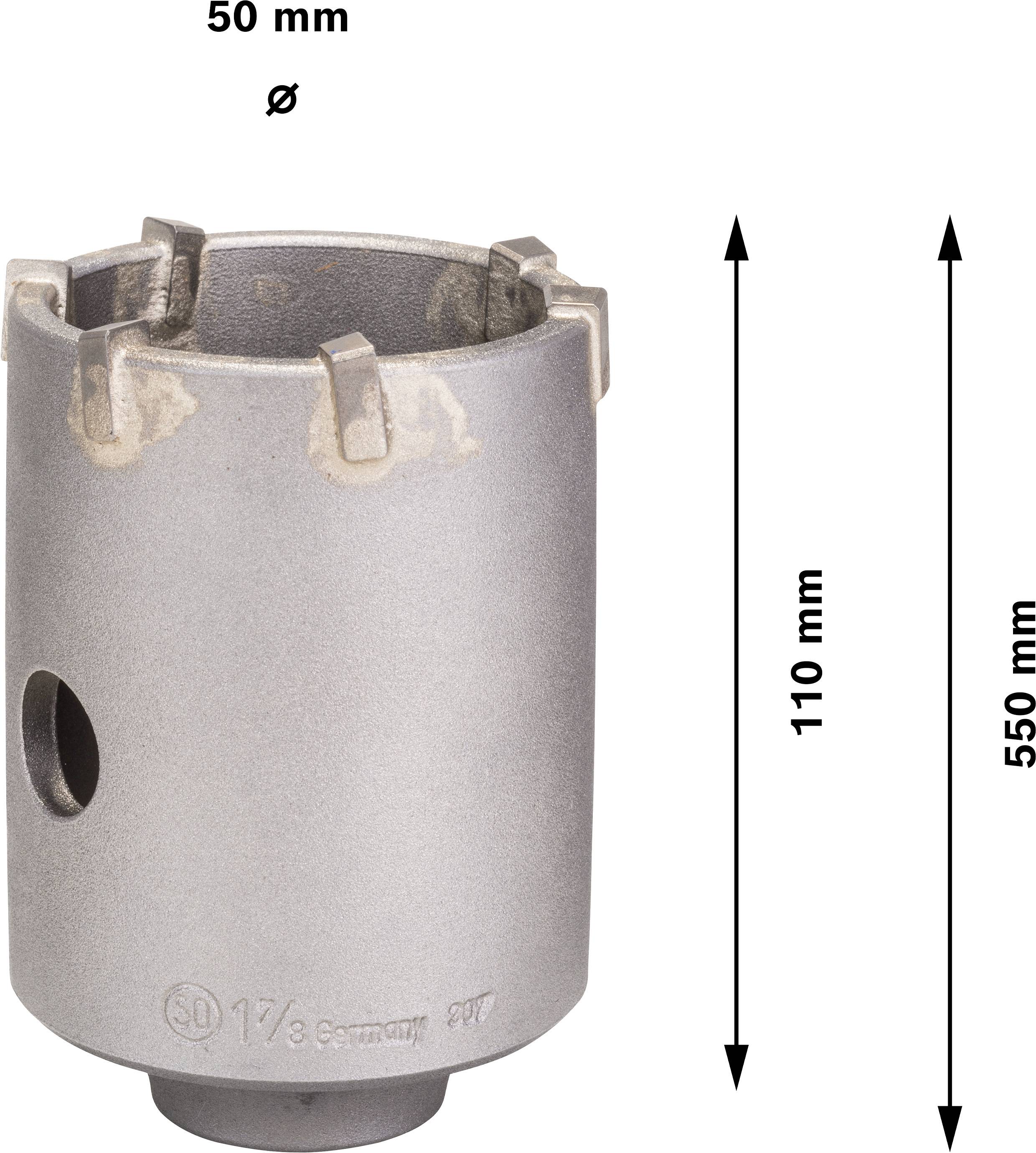 Cylindrisk metalværktøj med tre skarpe tænder foroven, et sidehuller, og dimensioner: diameter 50 mm, højde 110 mm.