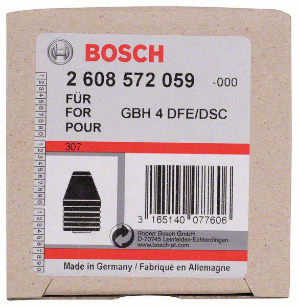 Papæske med Bosch-logo og påskriften '2 608 572 059 -000'. Til GBH 4 DFE/DSC, Fremstillet i Tyskland. Stregkode forneden.