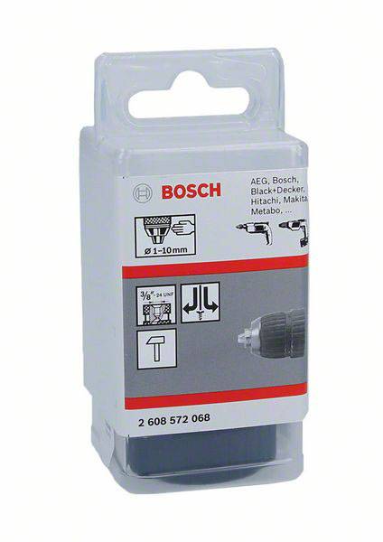 Emballage til en Bosch borepatron, der er kompatibel med forskellige boremaskinemodeller. Viser kompatibilitet fra 1-10 mm og tekniske specifikationer.