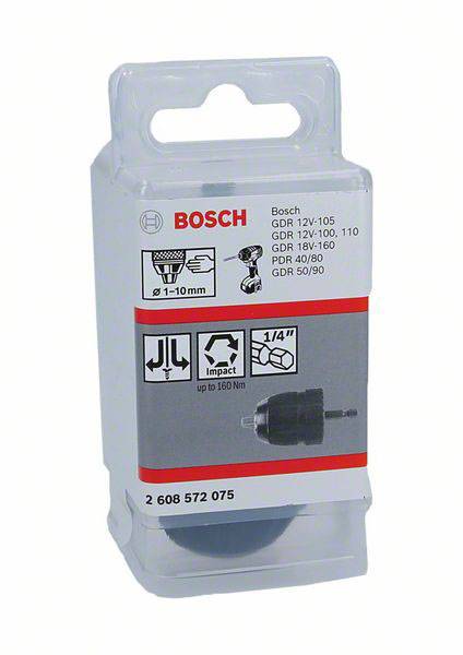 Emballage til Bosch-værktøj med tekniske detaljer: Kompatibilitet med forskellige modeller, 1/4-tomme-indsats, maksimalt drejningsmoment på 160 Nm.