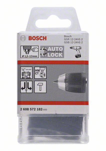 Emballage til Bosch akku-boremaskine, model GSR 12-24VE-2. Viser borehovede, Auto-Lock-funktion: Hurtigspændingschuck, 0,5-13 mm spændvidde.