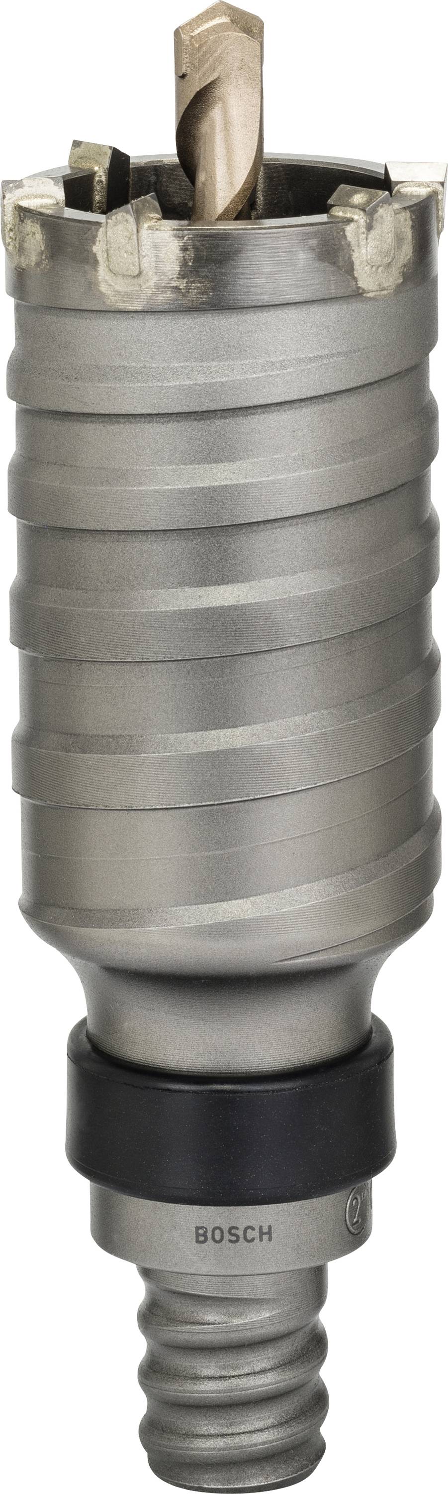 Sølvfarvet bor med spiralformede riller, egnet til boring i beton eller sten. Varemærke graveret forneden.