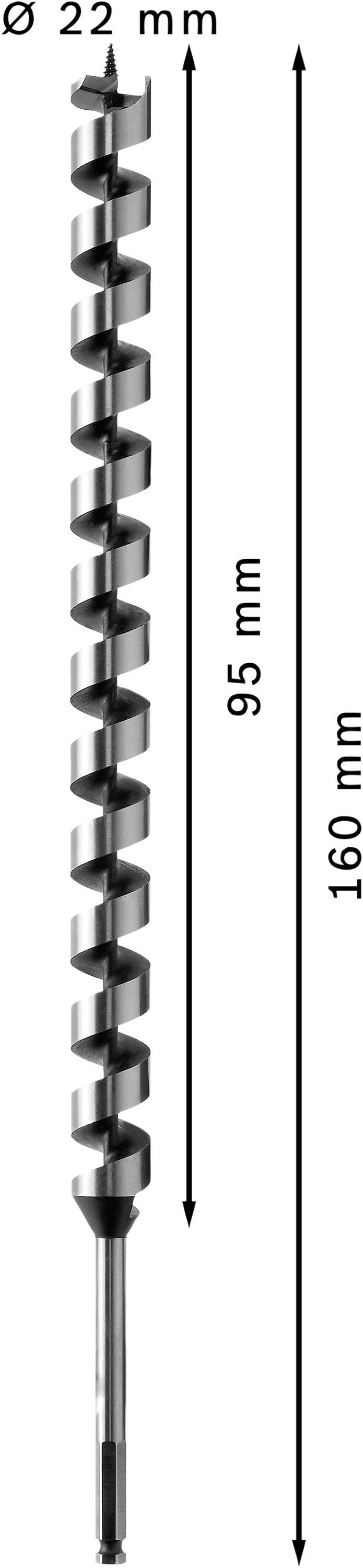 Bor med en længde på 160 mm, en sneglediameter på 22 mm og et spænd på 95 mm.