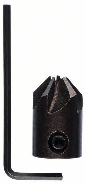 En kegleformet metalfræser med sideværts skærekanter ved siden af en bøjet sekskantede unbraconøgle på en hvid baggrund.
