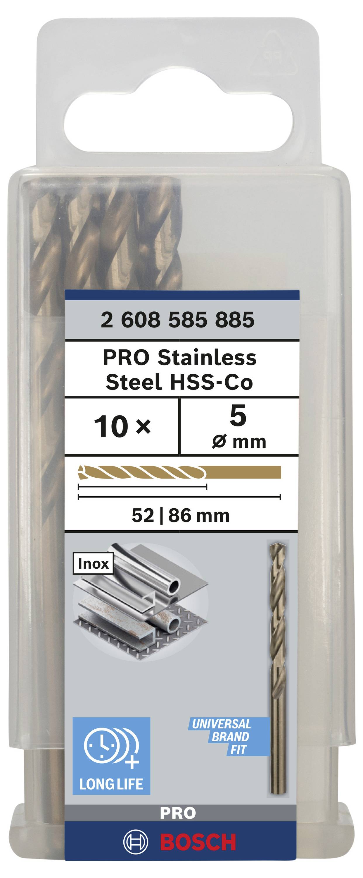 Pakke med borsæt, 10 stk., 5 mm diameter. Af rustfrit stål, HSS-Co, 52/86 mm længde. Egnet til metalarbejde. Mærke Bosch.
