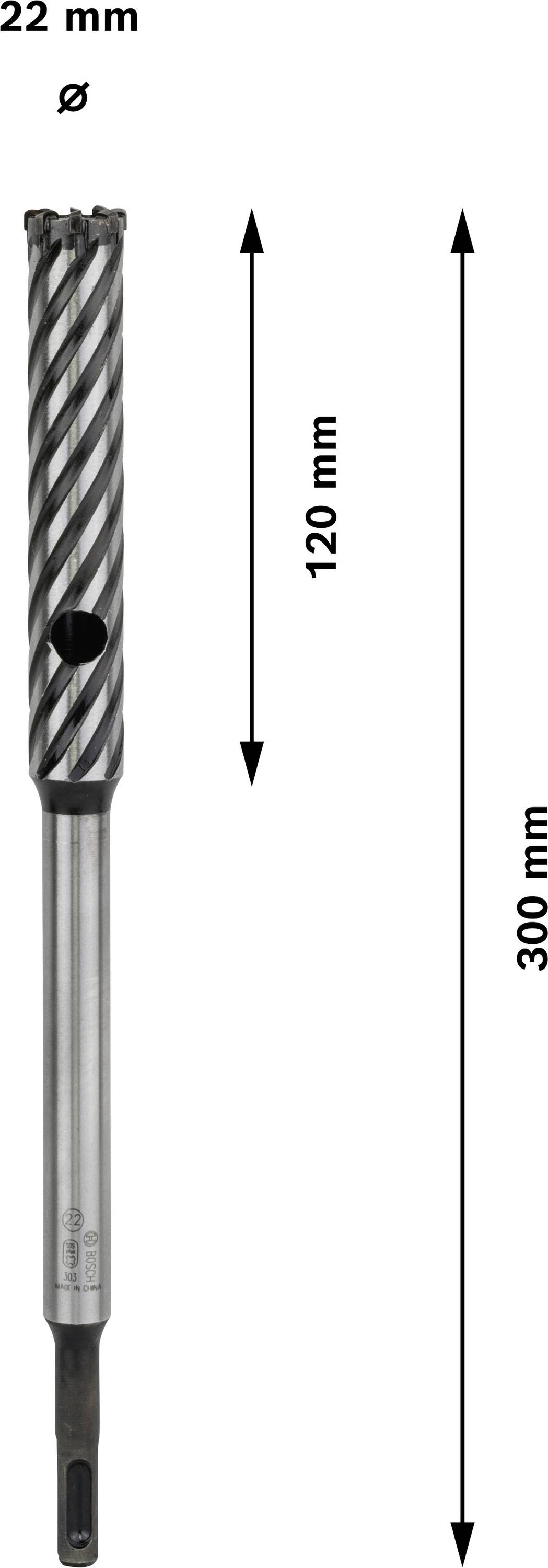 Bor med spiralrille og cylindrisk skaft. Samlet længde 300 mm, rillelængde 120 mm, diameter 22 mm.
