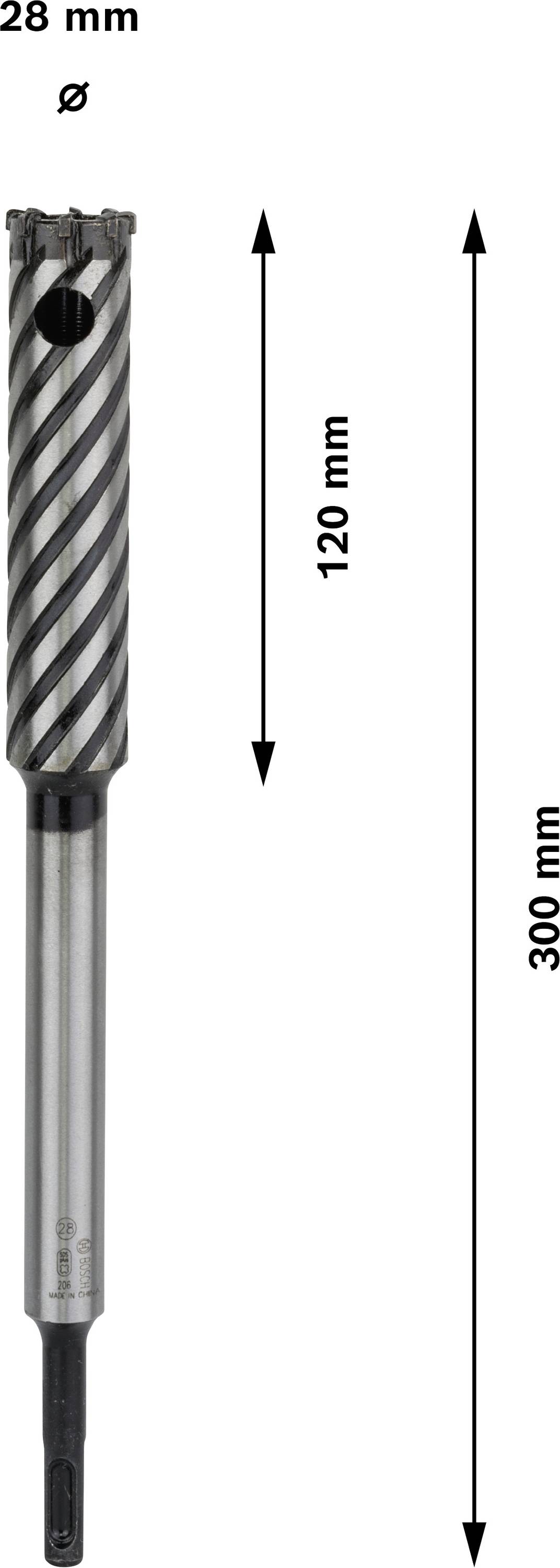 Bor, 28 mm diameter, samlet længde 300 mm, spirallængde 120 mm, sølv-metallisk, med sort spiralmønster.