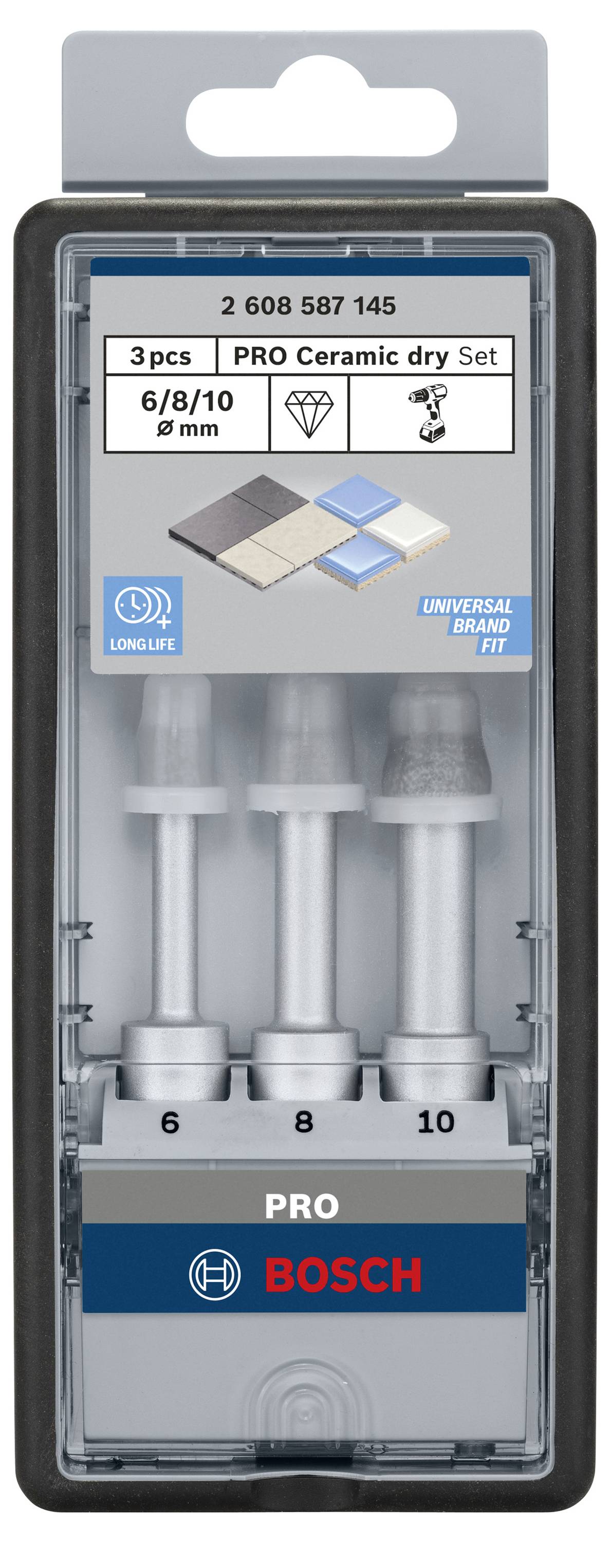 Sæt med tre fliseborere i størrelse 6, 8 og 10 mm til keramik. Emballage med Bosch-logo. Egnet til tørre anvendelser.