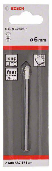 Bosch-bor, model CYL-9 Ceramic, 6 mm diameter. Emballagen fremhæver 'lang levetid' og 'hurtig boring'.