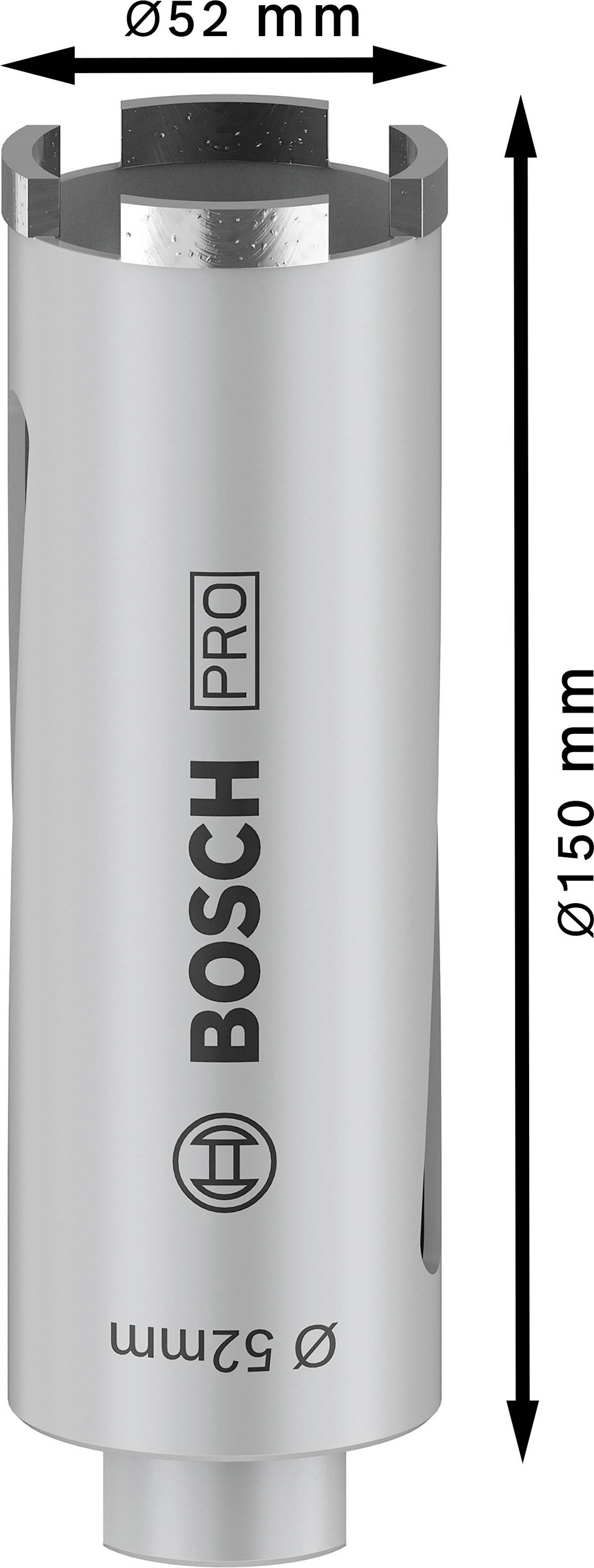 Sølvfarvet Bosch Pro diamantborekrone, længde 150 mm, diameter 52 mm, egnet til boringer i beton og murværk.