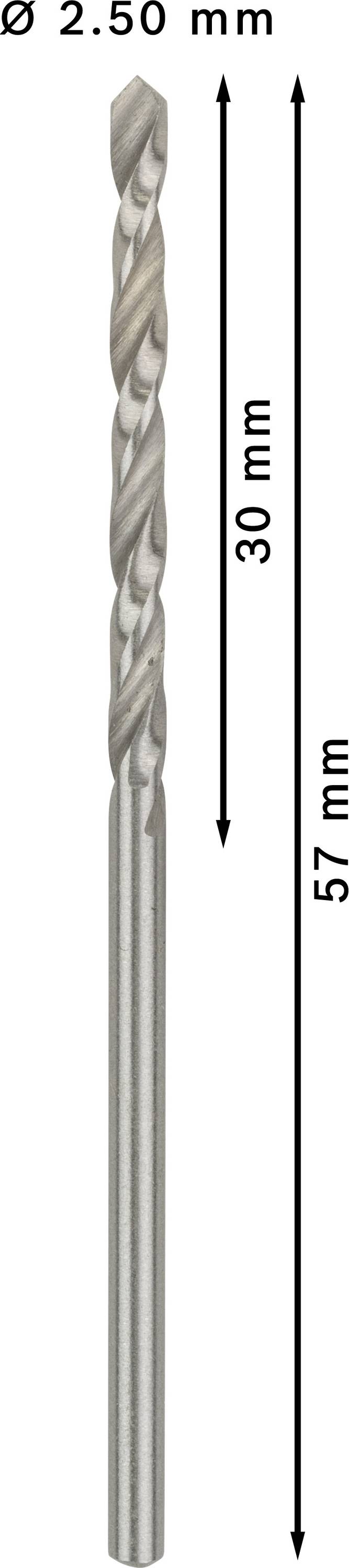 Metalbor med en diameter på 2,6 mm. Skærelængden er 30 mm, samlet længde 57 mm. Egnet til præcisionsboring.