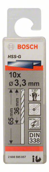 Bosch HSS-G bor, metalboret Ø 3,3 mm, længde 65 mm, brugslængde 36 mm, pakke med 10 stk., DIN 338 certificeret.
