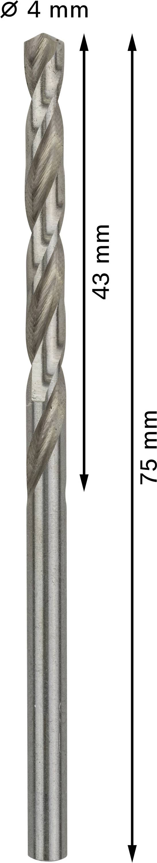 Bor med 4 mm diameter, samlet længde 75 mm, brugbar længde 43 mm.