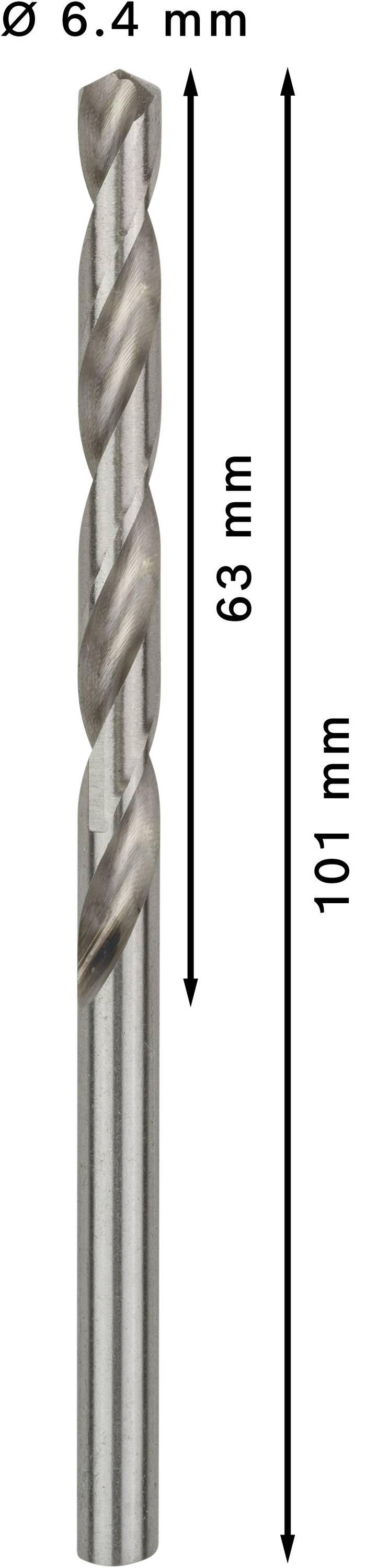 Afbildet er et metalbor med en diameter på 6,4 mm. Den samlede længde er 101 mm, og den spiralformede del måler 63 mm.