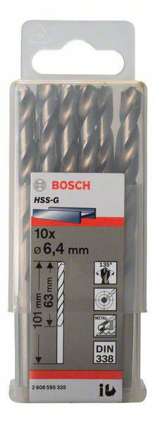 Sæt med 10 Bosch HSS-G metalborere, diameter 6,4 mm, samlet længde 101 mm, brugbar længde 63 mm. Emballage viser tekniske symboler.