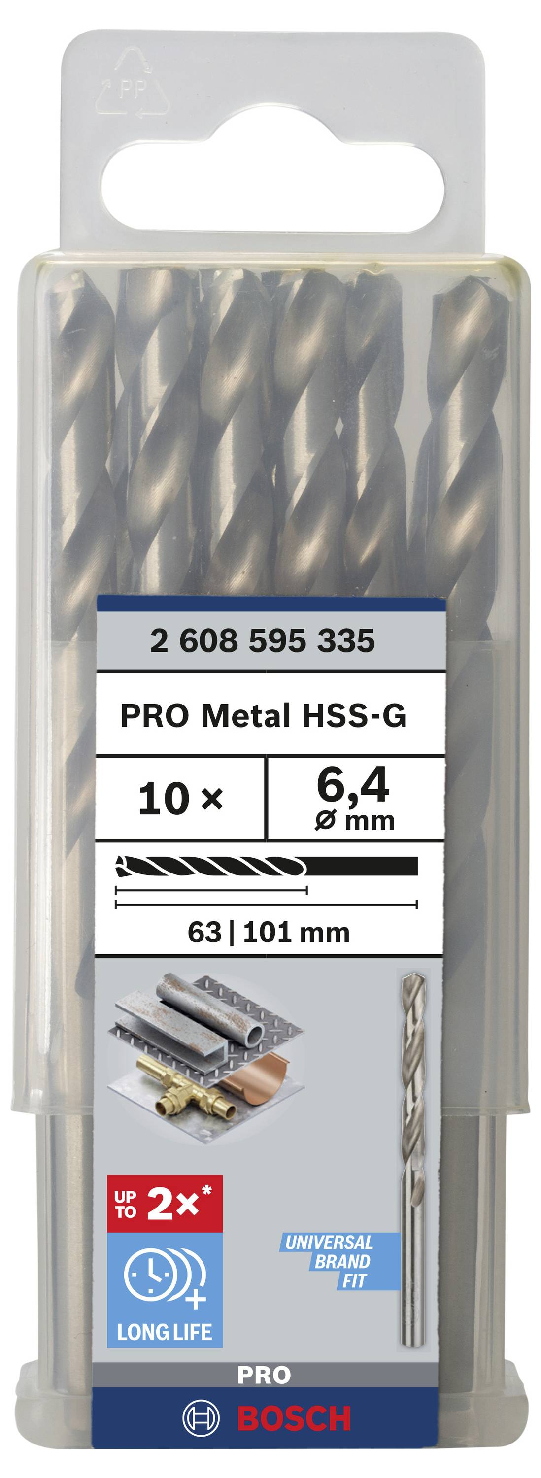 Bosch PRO Metal HSS-G boresæt, 10 stk., 6,4 mm diameter, op til 2x længere levetid, 63/101 mm længde, universal pasform.