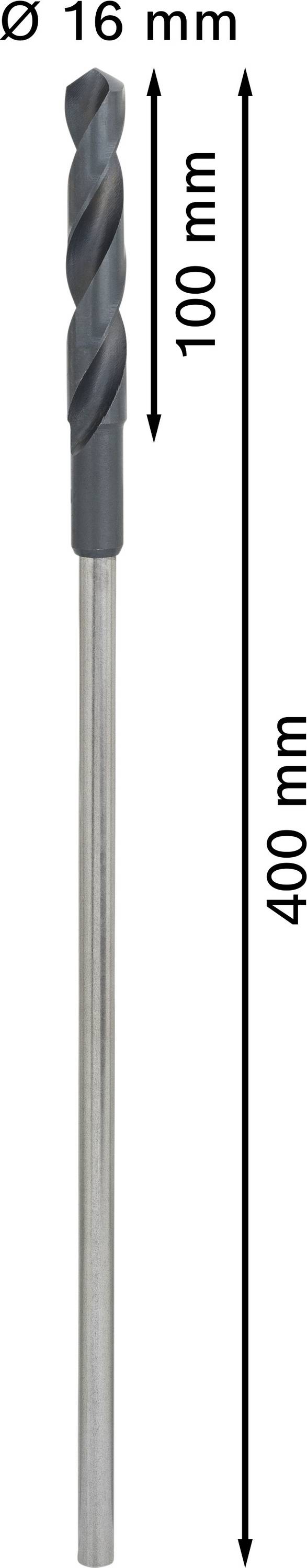 Bor med 16 mm diameter, en længde på 400 mm og en boredybde på 100 mm.
