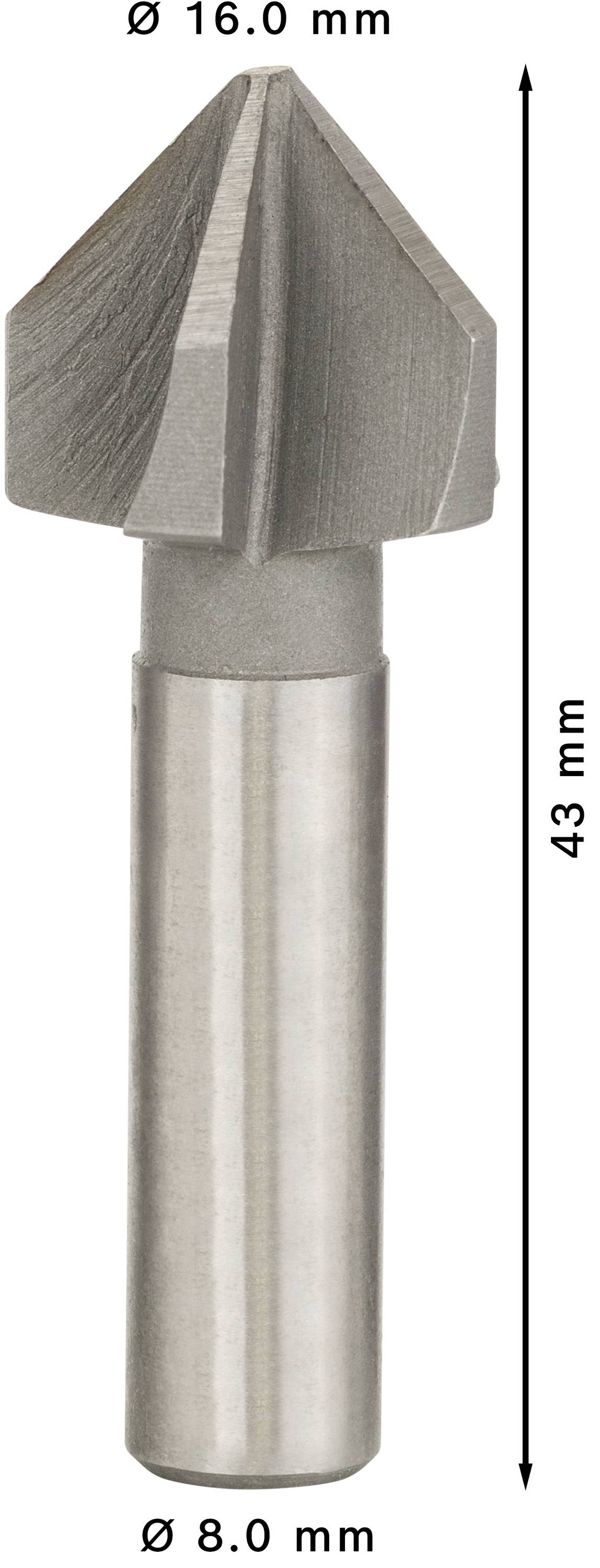 Afbildning af en keglesænkebor. Samlet længde 43 mm, sænkerdiameter 16,0 mm, skaftdiameter 8,0 mm.