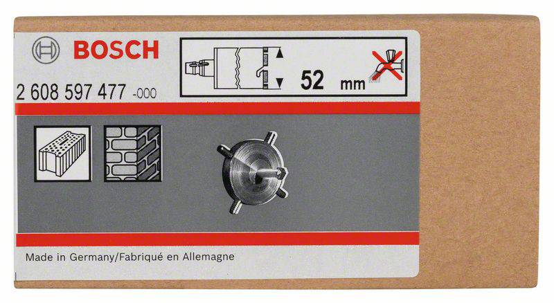 Emballagen viser et Bosch hulsavsvedhæng med en diameter på 52 mm, egnet til mursten og murerarbejde.