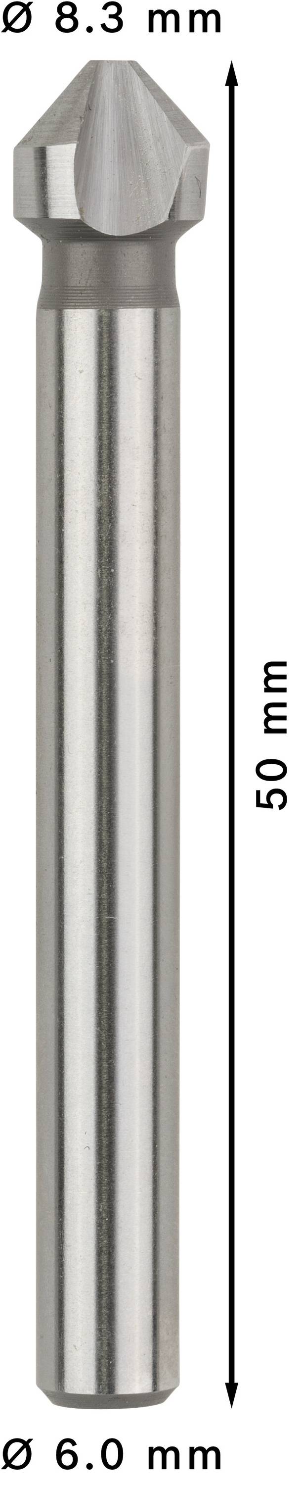 Metalbor med konisk hoved. Diameter 8,3 mm foroven og 6,0 mm forneden. Samlet længde: 50 mm. Egnet til præcisionsboring.