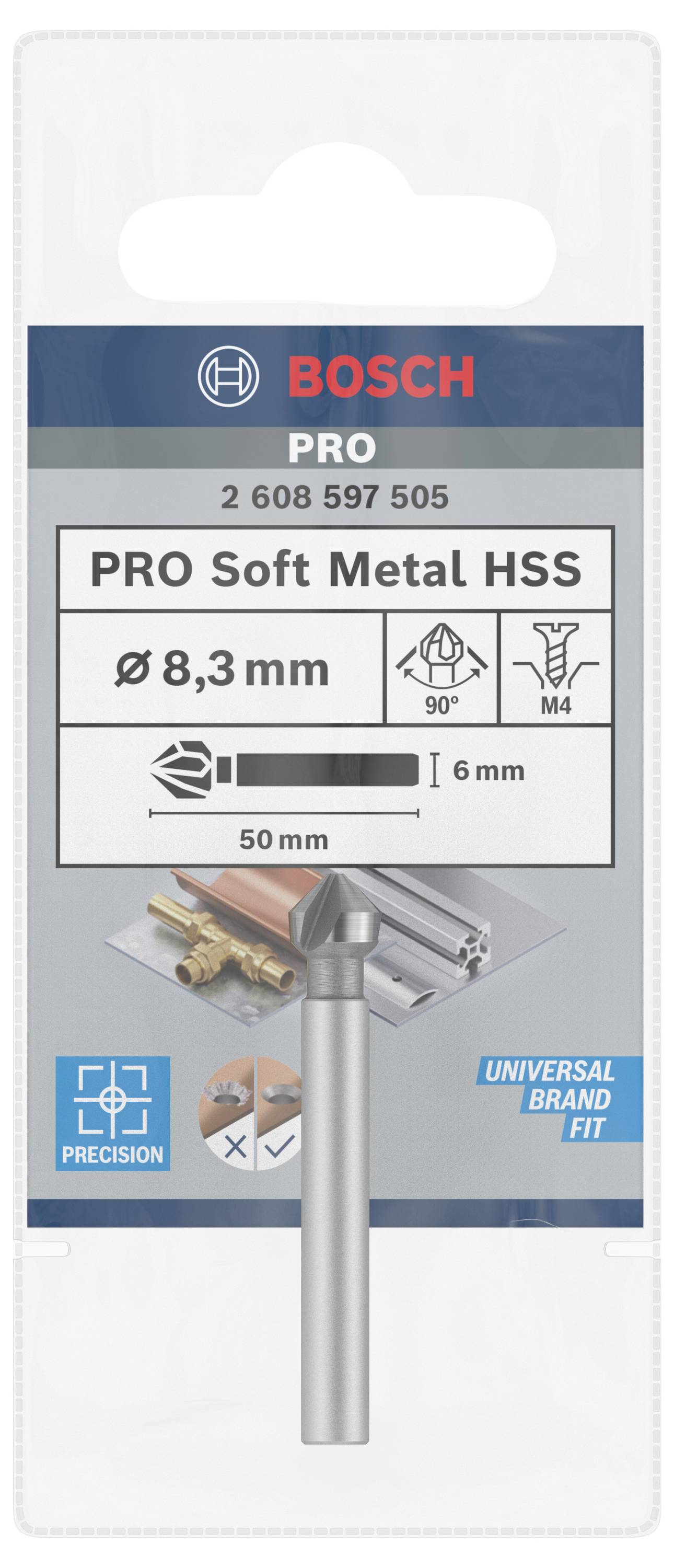Emballage til Bosch bor til bløde metaller: Diameter 8,3 mm, spidsvinkel 90°, egnet til sekskantnøgle M4.