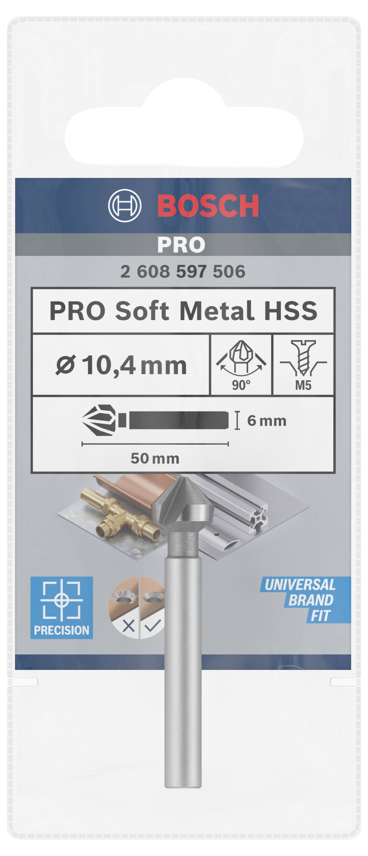 Bor fra Bosch til bløde metaller, diameter 10,4 mm, længde 50 mm, Universal Brand Fit. Emballagen viser produktdetaljer.
