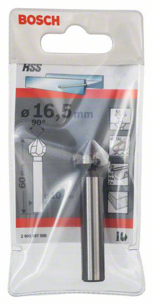 Bosch HSS deburring drill bit i originalemballage. Diameter 16,5 mm, 90° vinkel. Egnet til metal, træ, plast.