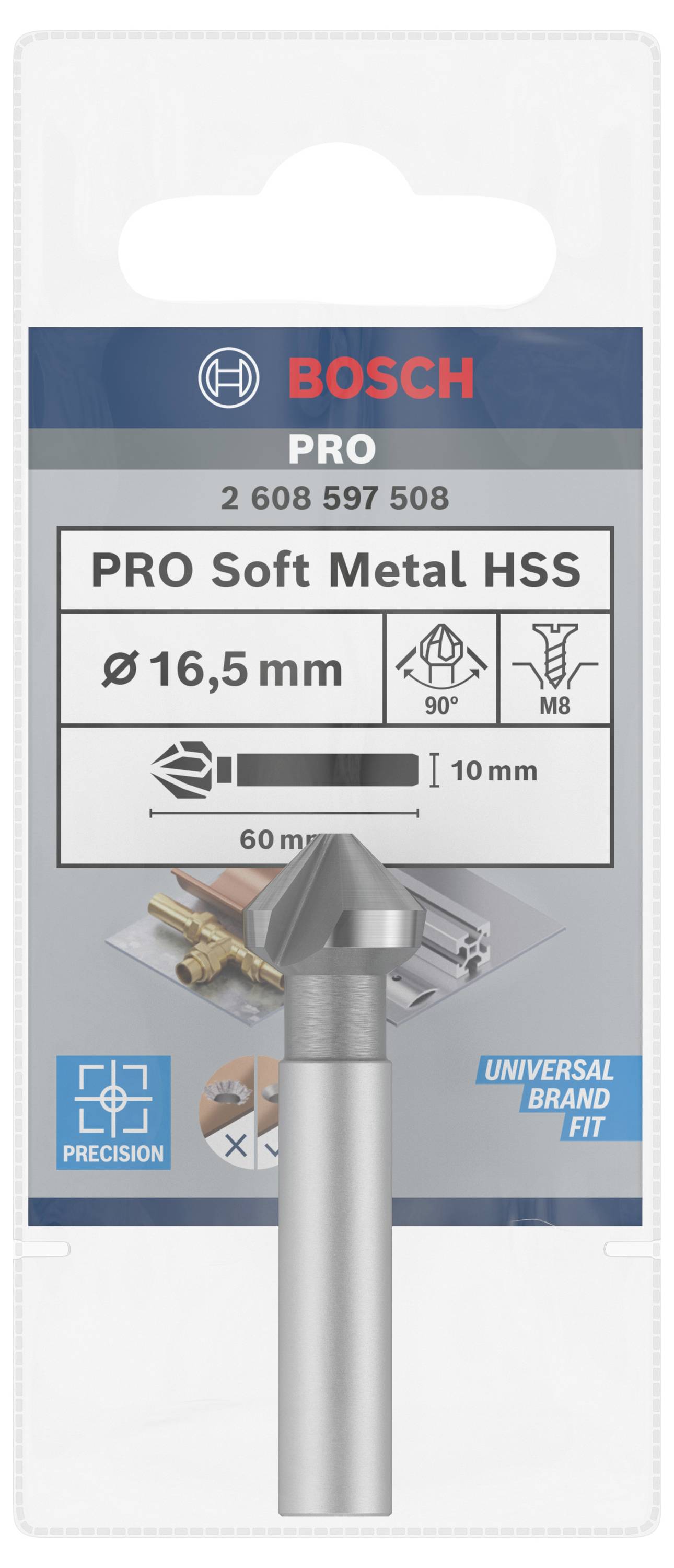 'Bosch PRO Soft Metal HSS' bor, diameter 16,5 mm, længde 60 mm, egnet til bløde metaller, 90° vinkel, M8 dimensioner.