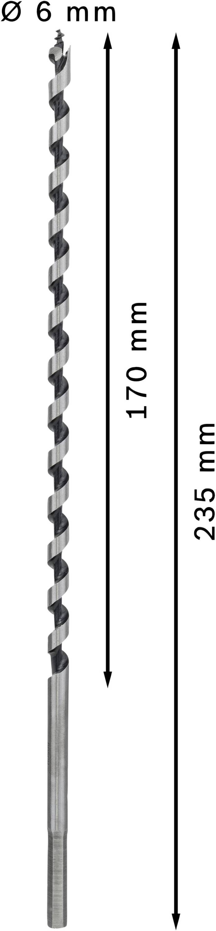 Bor med 6 mm diameter, 170 mm spirallængde, samlet længde 235 mm.