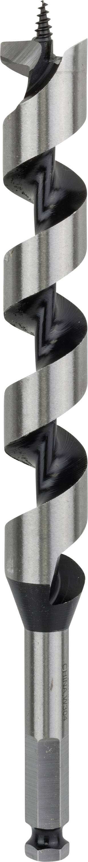 Metal-bor, sølvfarvet og sort, med spids ende til boring i træ eller metaloverflader.