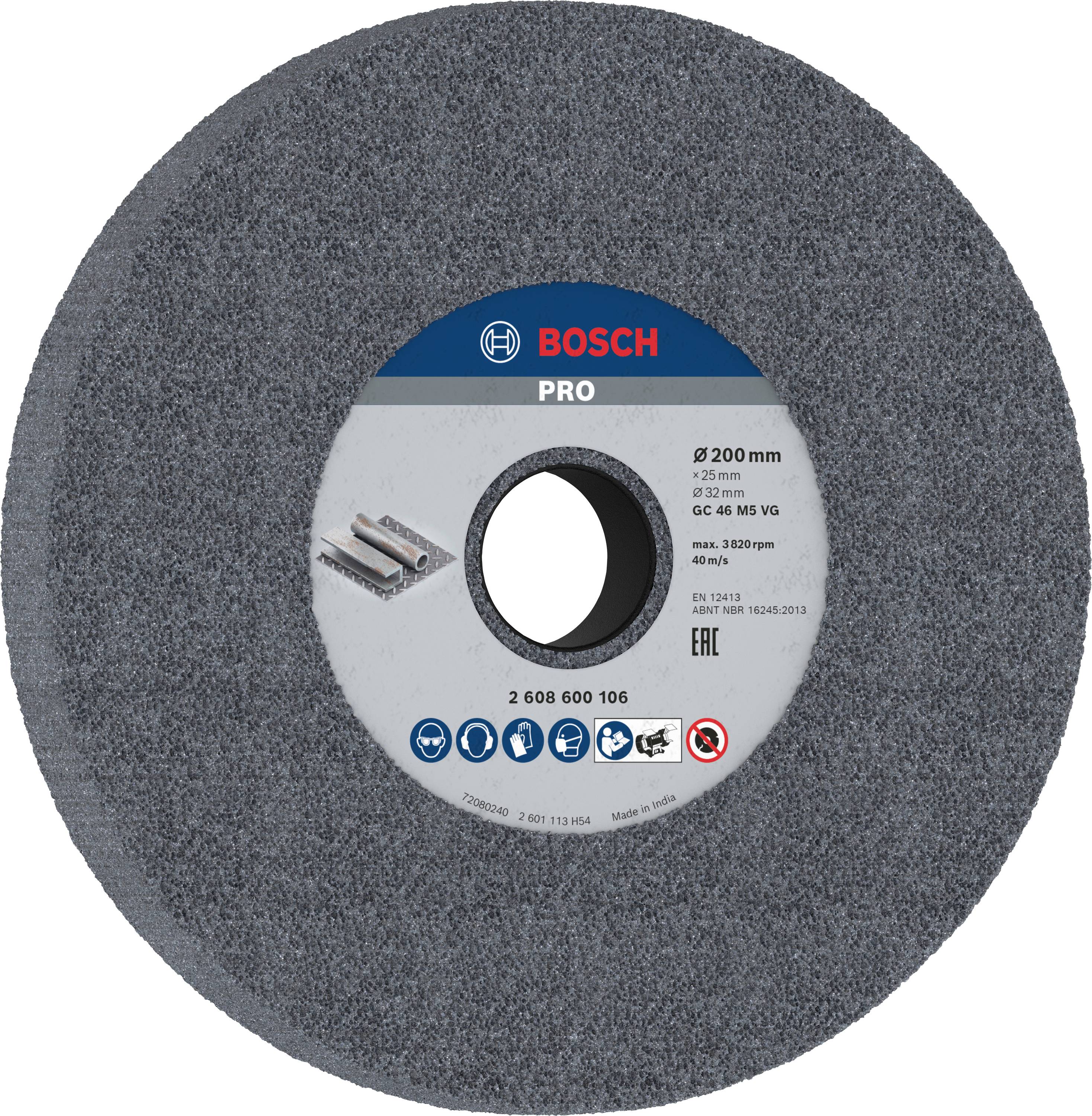 Grå Bosch Pro slibeskive, diameter 200 mm, tykkelse 25 mm, til metalbearbejdning. Maksimal omdrejningshastighed: 3.850 o/min.