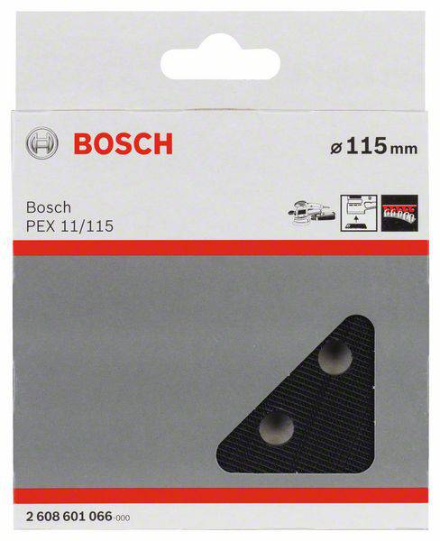 Bosch PEX 11/115 slibepapirpakning med illustration af slibemaskinen, egnet til 115 mm diameter.