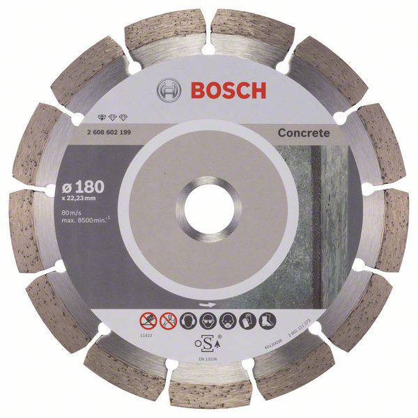 Bosch diamantskæreskive til beton; diameter 180 mm, maks. 80 m/s, maks. 8500 o/min; Illustration af en gennemskåret betonblok.