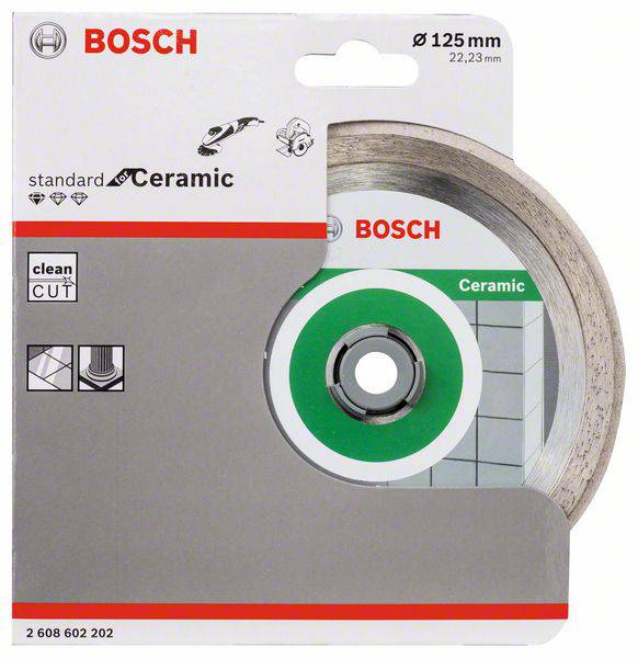 Emballage til Bosch keramisk savklinge, Ø 125 mm, egnet til præcise skæringer. Indeholder billeder og producentens logo.