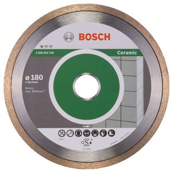 'Bosch' keramisk klinge med grøn etikettering, diameter 180 mm, til fliseskæring, maks. 8500 o/min, 80 m/s.
