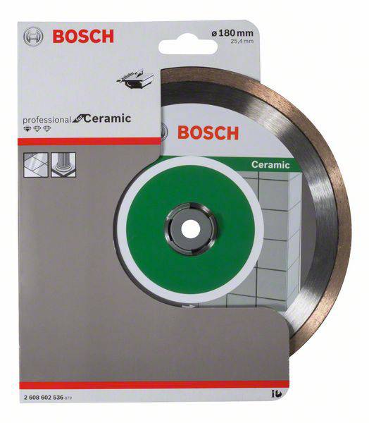 Bosch rundsavsklinge til keramik, 180 mm diameter, egnet til præcis skæring af hårde materialer. Emballage vist.