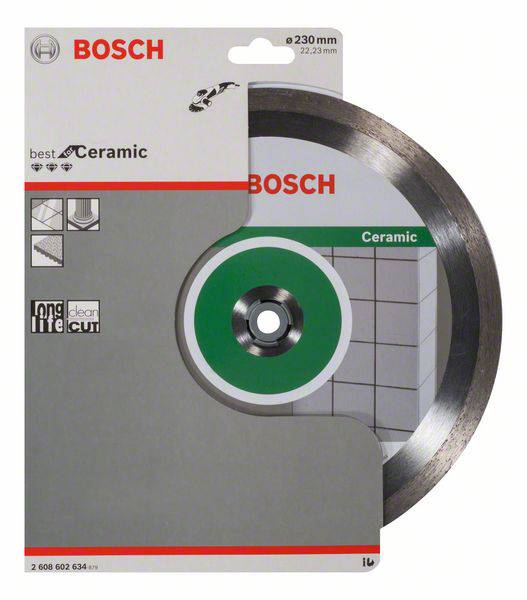 'Bosch bedst til Keramik' Diamantskæreskive, 230 mm diameter, egnet til rene snit i keramiske fliser. Emballage viser produkt.