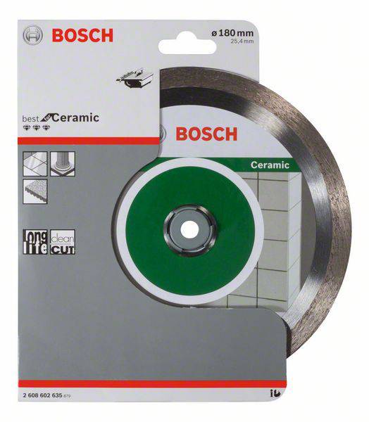 Bosch fliseSkæreskive til præcis skæring af keramiske fliser, ø 180 mm, i grå emballage med grøn skivemidte.