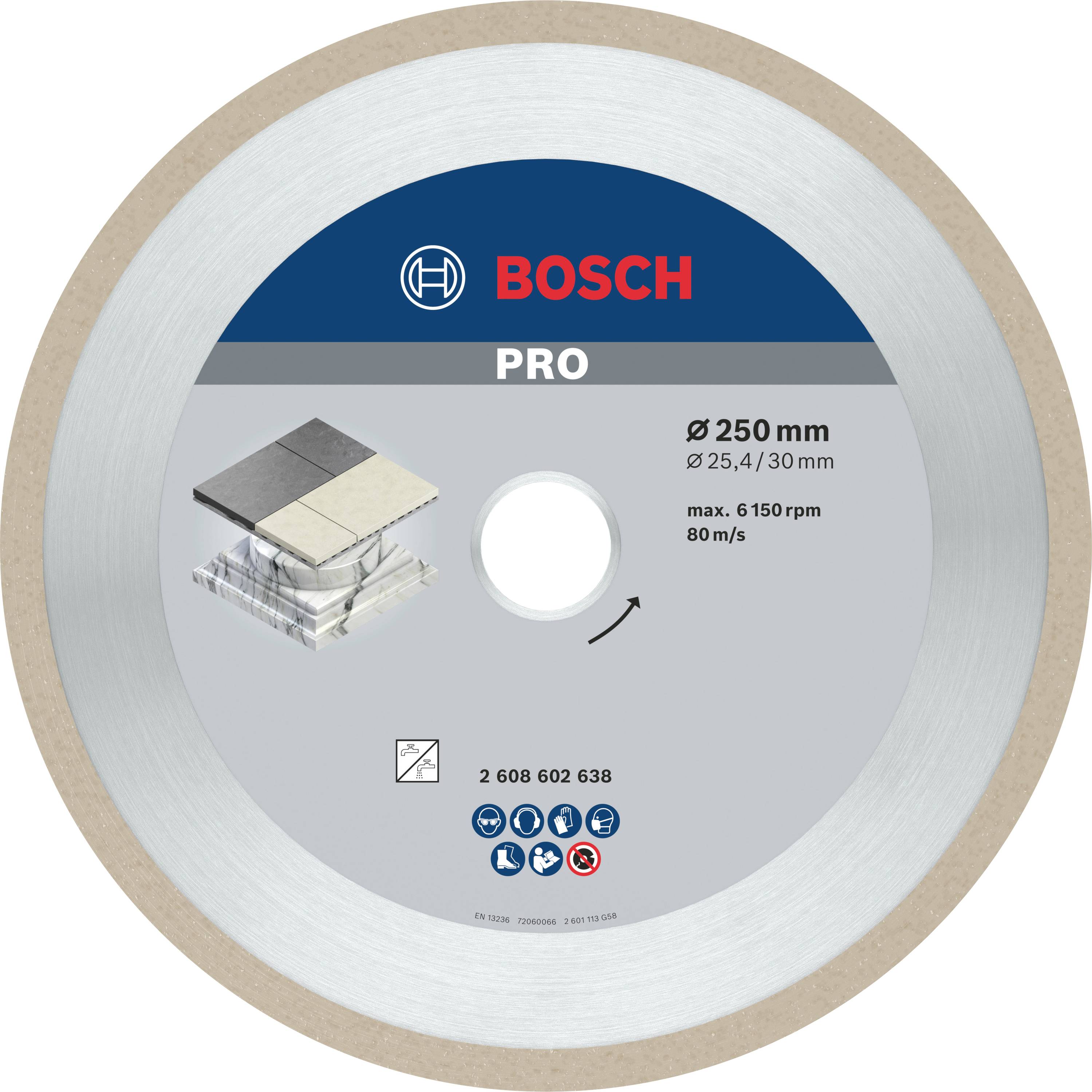 Bosch-rundsavsklinge med 250 mm diameter. Egnet til sten. Maksimal hastighed på 80 m/s.