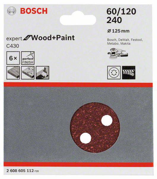 Bosch slibepapir til træ og maling, 125 mm, korn 60/120/240, kompatibel med forskellige slibemaskiner, 6 stk. pr. pakke.