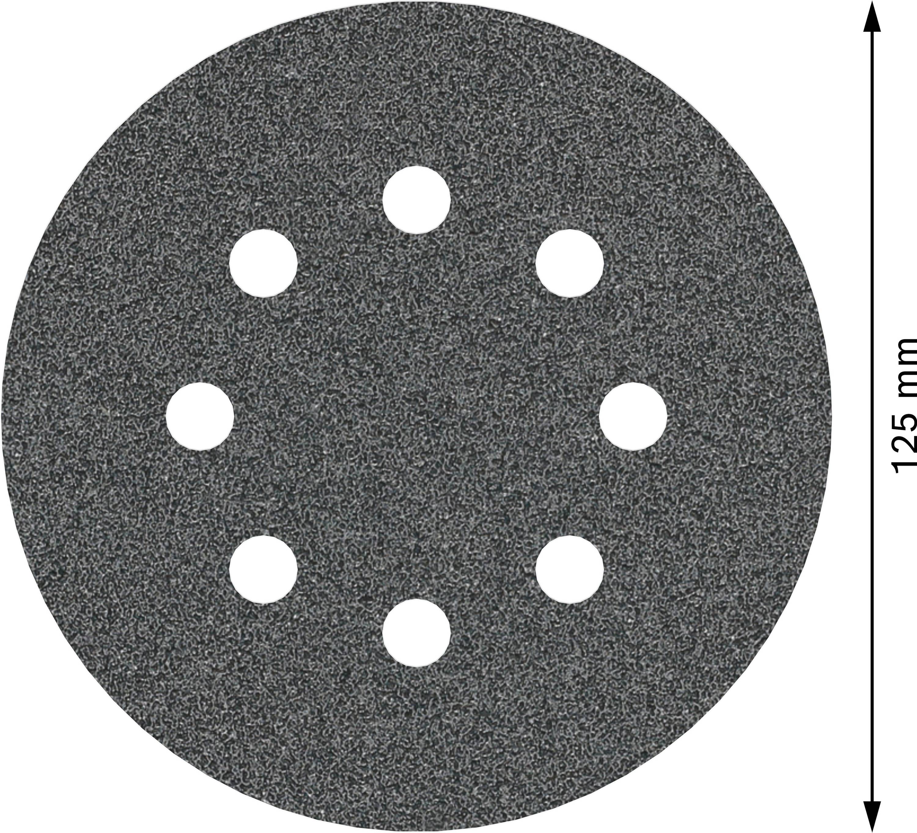 Slibeskive med otte huller, 125 mm diameter, på hvid baggrund.
